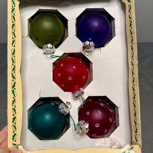 VTG Set Of 5 Holly Hand Blown Glass Bulbs W/ Sparkling Polka Dots